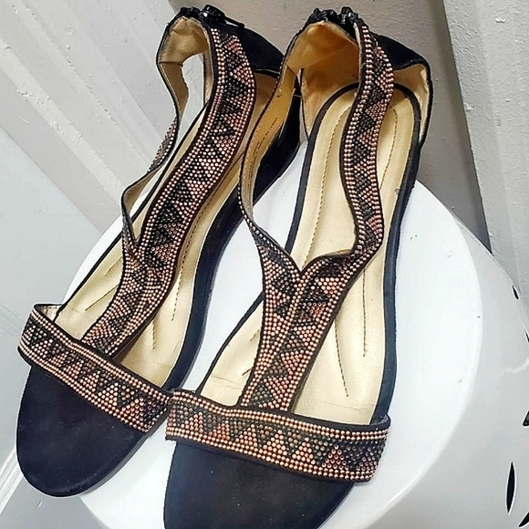 CLOUDWALKERS Beaded Black Rhinestone Zip Up Wedge Sandals Size 8W 🌴 - Picture 4 of 9